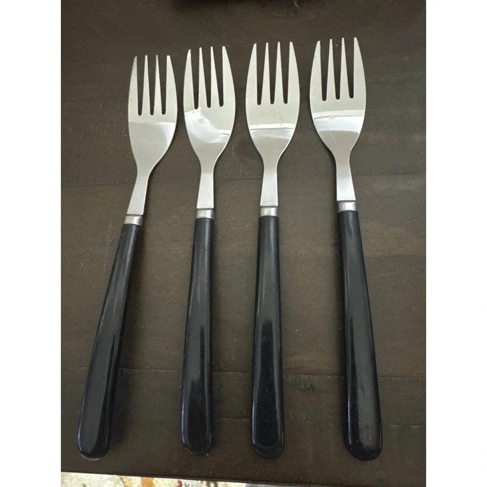 Vintage MCM Black Handle Flatware Set 10pc Stainless Taiwan Forks Knives Spoons